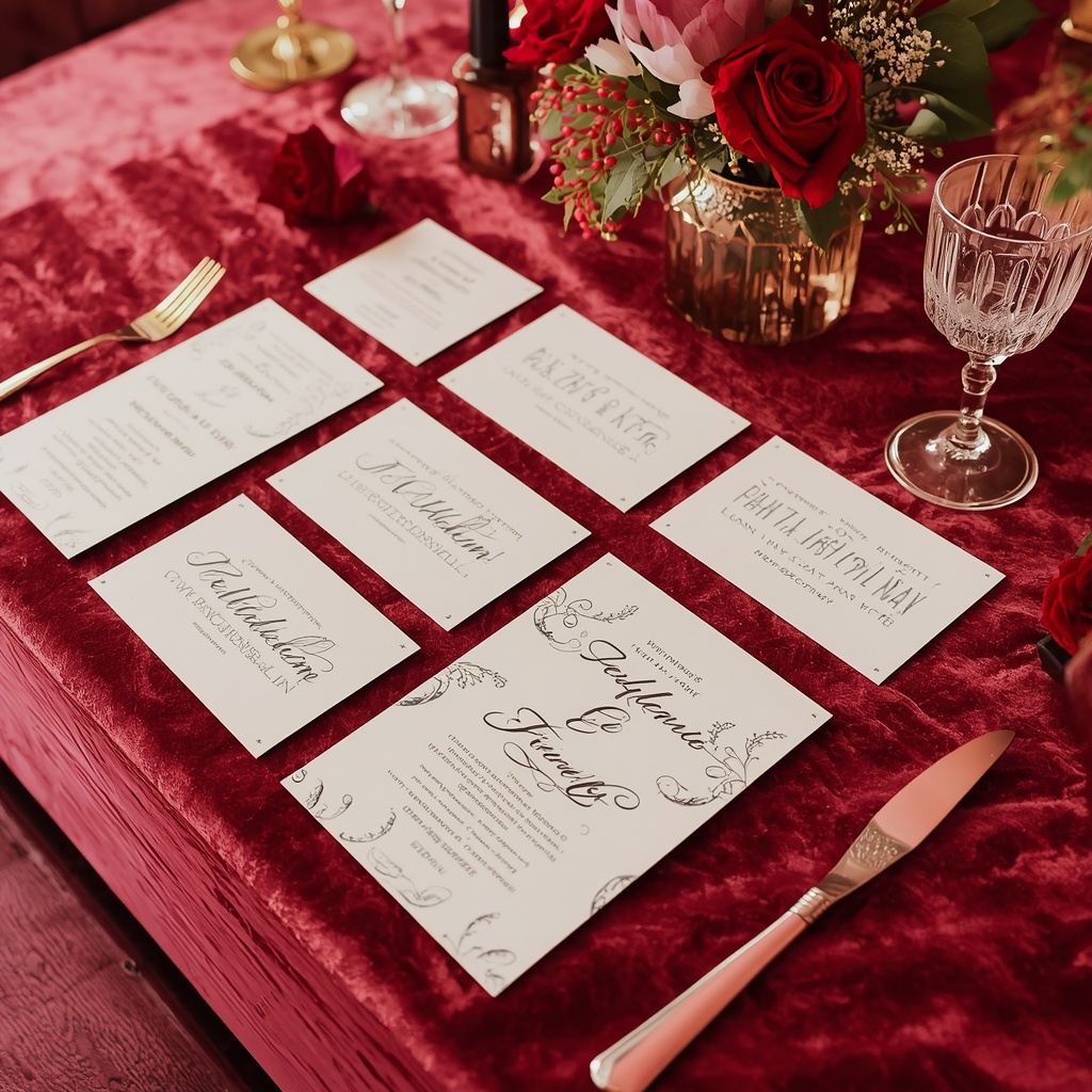 Luxury event setup with beautifully arranged invitation cards on velvet surface